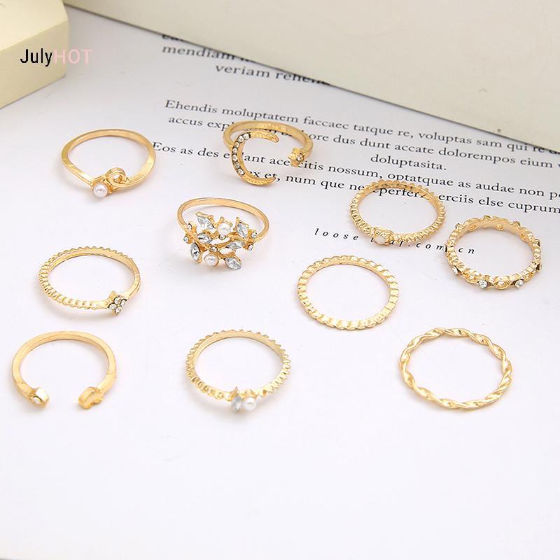 Đồng Set 10 Nhẫn Retro Với Thiết Kế Ngôi Sao, Mặt Trăng và Ngọc Trai - Phù Hợp Cho Các Chủng Mẫu