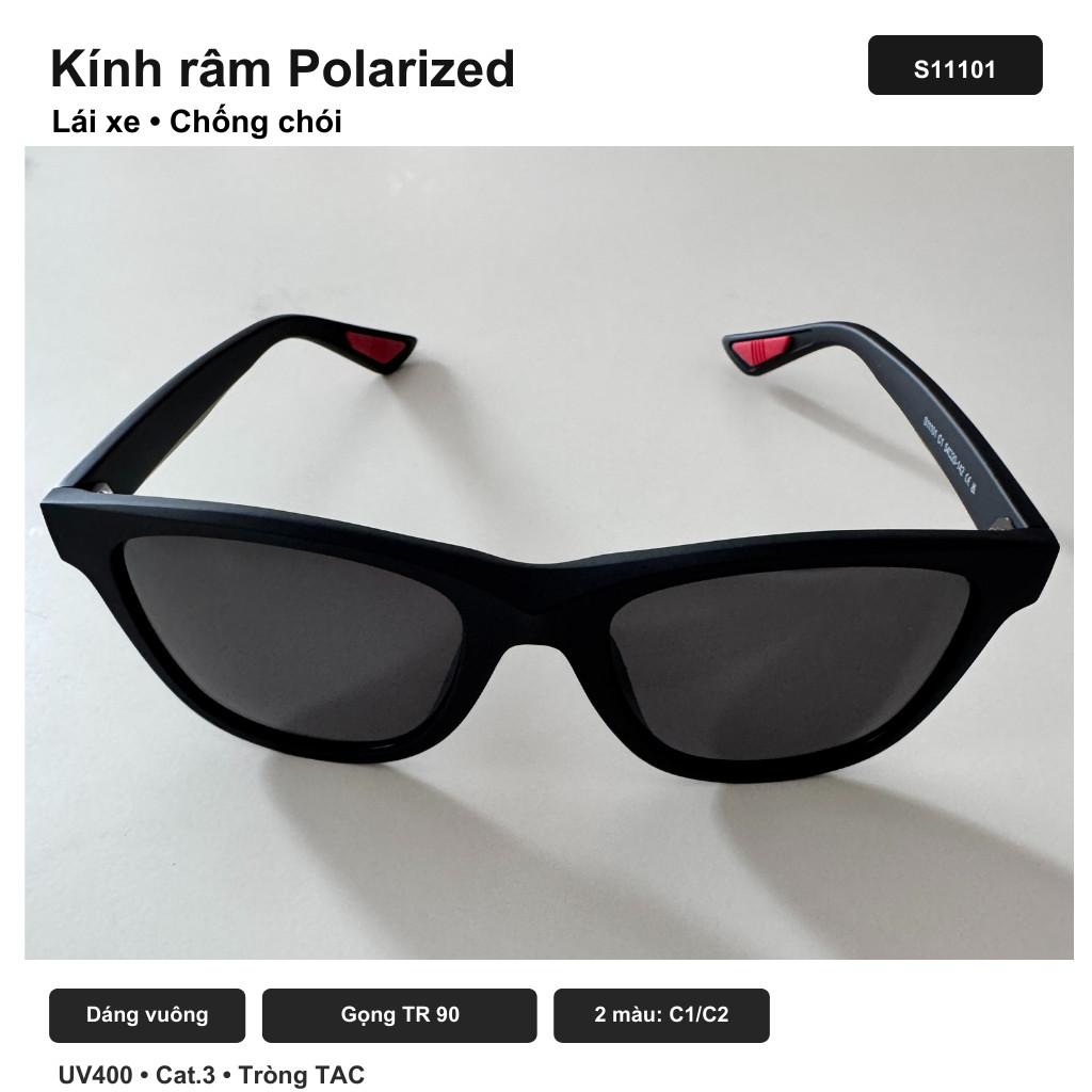 Kính râm phân cực UV400 lái xe nam – gọng TR90 nhẹ, tròng TAC giảm chói, form vuông