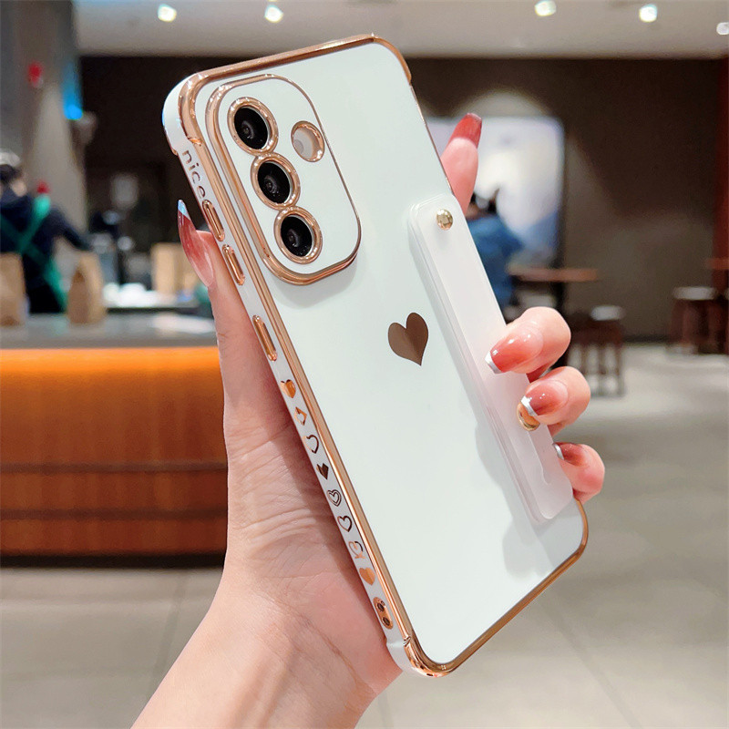 Giá đỡ dây đeo cổ tay Mạ điện cho Samsung Galaxy A57 A37 A56 A36 A27 A26 A25 A24 A17 A16 A15 A14 A55 A35 Stand Love Heart Side Phone Cover