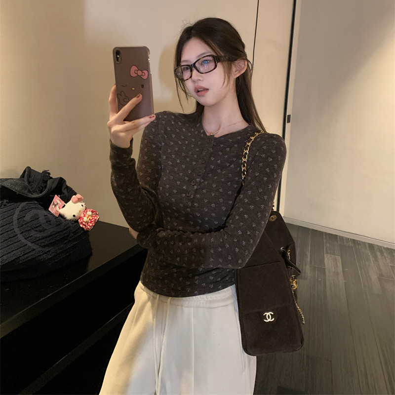 SUXI Áo thun dài tay cổ tròn có nút, họa tiết hoa, phù hợp mùa xuân mới 260131