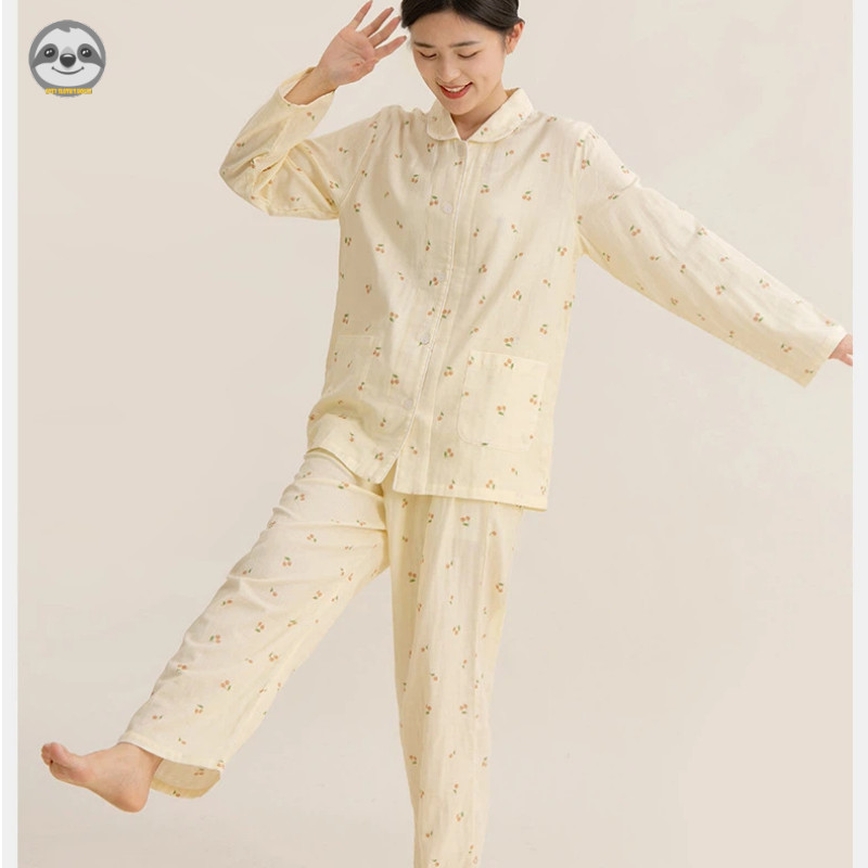 Quần dài tay anh đào cotton nguyên chất dành cho nữ Đồ ngủ / Gạc cotton hai lớp Mặc cha mẹ và con cái / Thoải mái mềm mại có thể mặc Bộ đồ ngủ bên ngoài / Mồ hôi thoáng khí chất lượng cao @