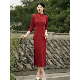 Váy sườn xám dài vừa phải cho Nữ màu đỏ, thanh lịch và ôm dáng, sang trong cao cấp
