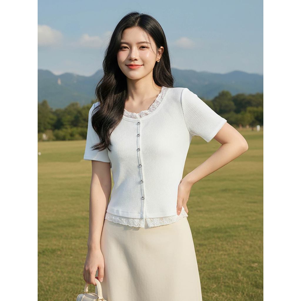 Áo thun nữ CARDINA chất tăm cotton cộc tay phối cổ tròn 6AFC01