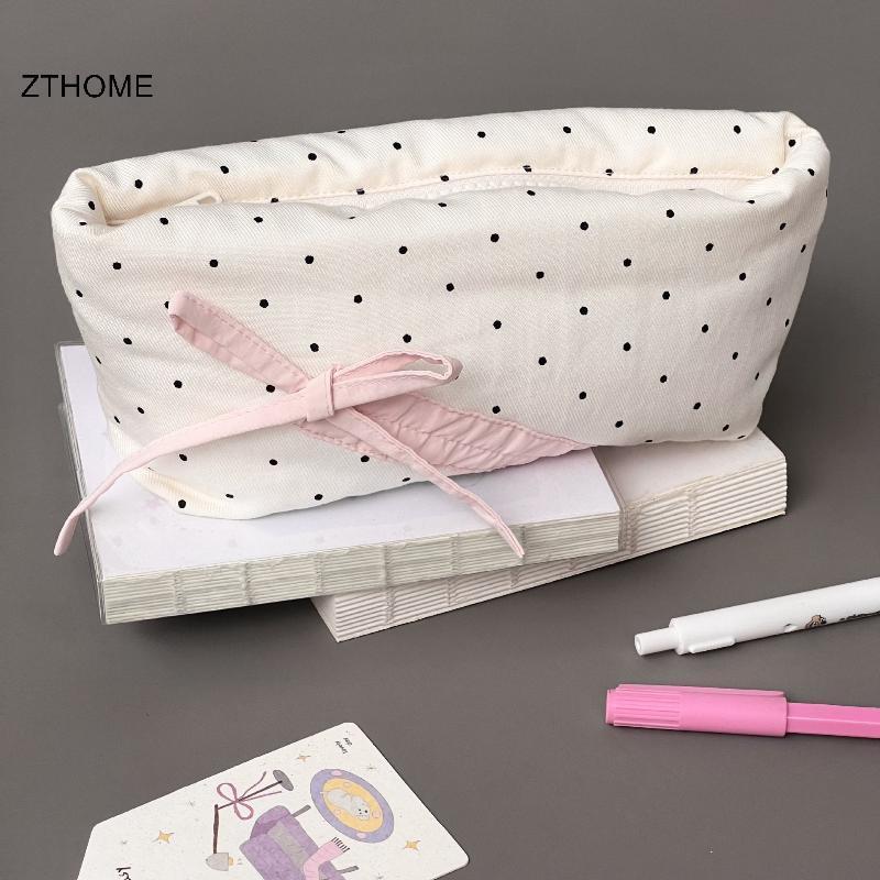 ZTHOME Dễ Thương Chấm Bi Nơ Hộp Đựng Bút Chì Màu Trắng Với Màu Hồng Phụ Kiện Dung Tích Lớn Dây Kéo Túi Đựng Bút Chì Học Sinh Văn Phòng Phẩm Đồ Dùng Học Tập HOT