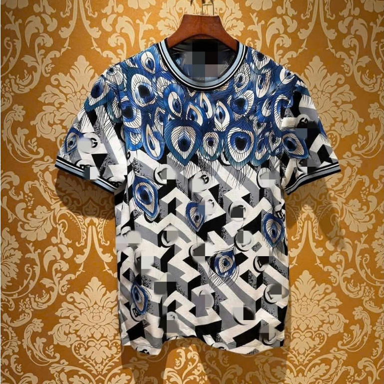 Áo Thun Lông Công Xanh Trắng Họa Tiết Hình Học KCloset Áo Phông Cotton Dày Dặn Unisex NA124