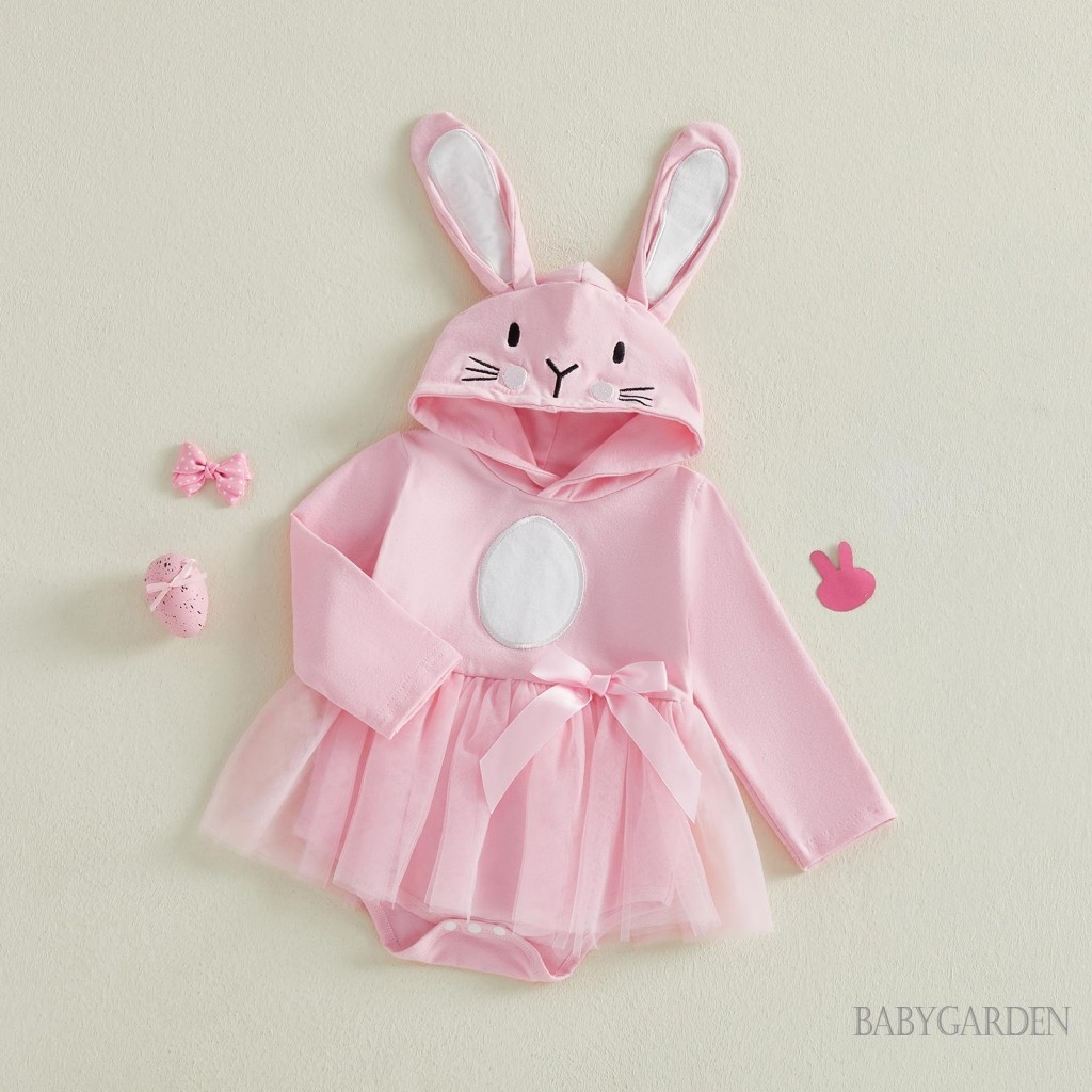 Bé Gái Phục Sinh Thỏ Trang Phục Có Mũ Trùm Đầu 3D Tai Dài Tay Tulle Áo Liền Quần Dễ Thương Ngày Lễ Chụp Ảnh Quần Áo Cho Trẻ Sơ Sinh Bé Gái