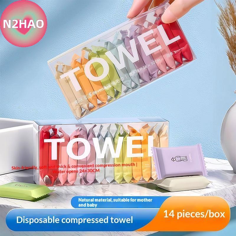 N2HAO 14 Chiếc Khăn Du Lịch Di Động Dùng Một Lần Thiên Tính Nén Mặt Làm Sạch Làm Đẹp Khăn Lau Vuông Cho Vệ Sinh Đang Di Chuyển n