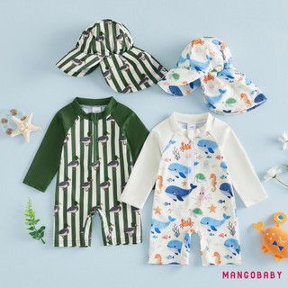 MG-Baby Bé Trai Đồ Bơi Dài Tay In Hình Động Vật Rash Guard Áo liền quần Có Mũ Đồ Bơi Mùa Hè
