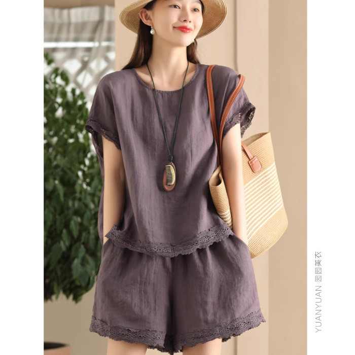 Bộ đồ thời trang mùa hè dành cho nữ, gồm áo rộng rãi và quần short ống rộng, chất liệu cotton lanh