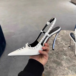 Mũi Nhọn Đinh Tán Giày Nữ Mùa Xuân Hè 2025 Mũi Che Lưng Dép Trống Stiletto Ren Cao Gót Thời Trang Sang Trọng Giày Đơn