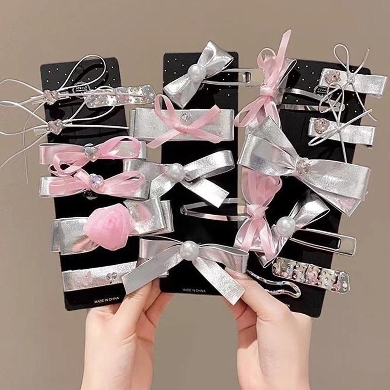 Sét 7 kẹp nơ hoa kim loại hồng bạc đáng yêu dễ thương cá tính cho bạn gái mẫu mới