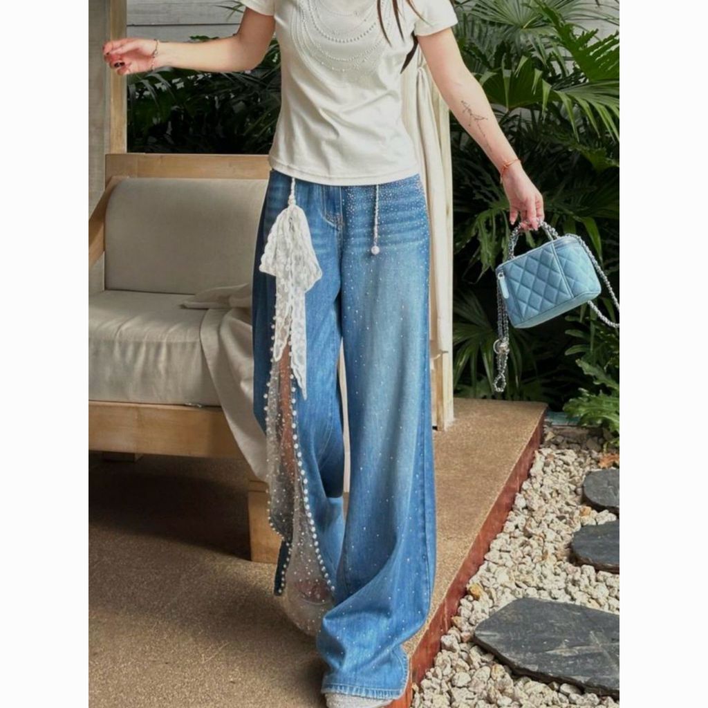 Quần Jean Lưới Phối Ren, Dáng Ống Rộng Full Length, Kiểu Draping, Cạp Cao - Mới Xu Hướng Mùa Xuân Hè