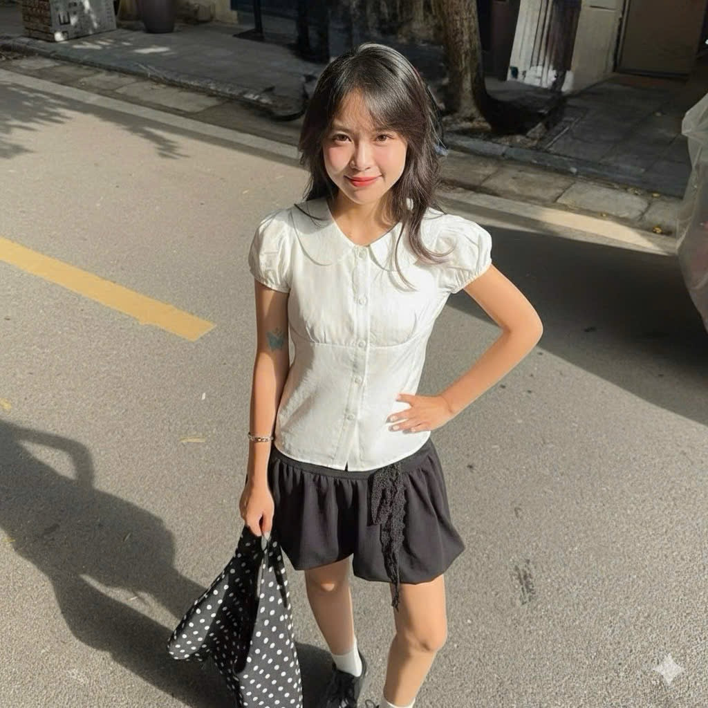 Áo sơ mi công chúa cổ bèo sen tay ngắn búp bê có dây cột eo sau tăng chỉnh SS0363