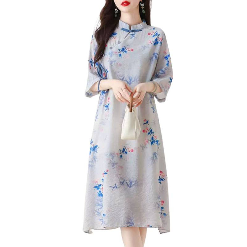Váy dáng chữ A cổ đứng in họa tiết cổ điển mùa hè phong cách Trung Quốc, váy dài thanh lịch dành cho nữ