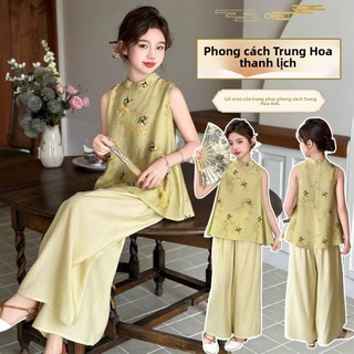 Bộ đồ cho bé gái dáng rộng thanh lịch - áo sát nách thêu hoa quần ống rộng mềm nhẹ phong cách cổ điển
