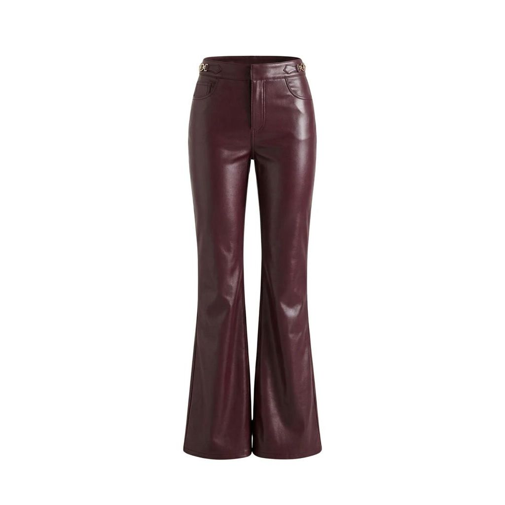 Quần Giả Da Nữ Cao Cấp Burgundy Cạp Cao Loe Rộng Bóng Nhẹ Chi Tiết Khoen Vàng Sang Xỉu