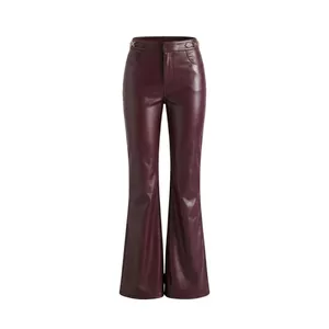 Quần Giả Da Nữ Cao Cấp Burgundy Cạp Cao Loe Rộng Bóng Nhẹ Chi Tiết Khoen Vàng Sang Xỉu