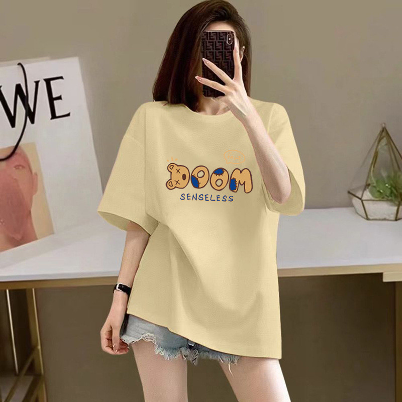 Áo thun nữ cotton nguyên chất cao cấp, phong cách mới mùa hè, áo thun tay ngắn cổ tròn in họa tiết