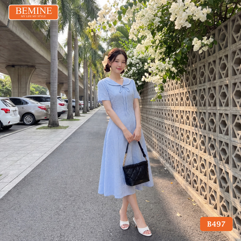 Đầm thiết kế BEMINE cổ thủy thủ đính nơ caro dáng chữ A phù hợp đi làm ...