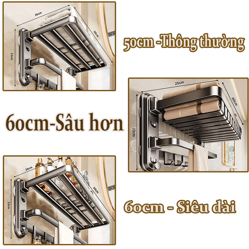 Giá Treo Khăn Nhà Tắm,Hút Chân Không,04 Cốc Hút Siêu Chắc,gấp gọn,50/60cm,Không Khoan Đục,Chống Han Gỉ