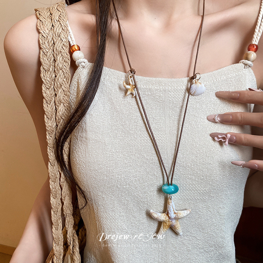DREJEW Vòng cổ Lariat có thể điều chỉnh phong cách bãi biển đại dương dành cho nữ - Vòng cổ dây sáp vỏ sò hình sao biển, Trang sức kỳ nghỉ mùa hè Bohemian để mặc hàng ngày & du lịch