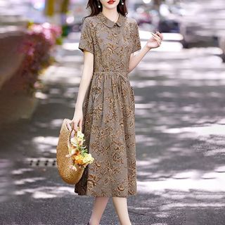 Váy nữ dáng dài vừa phải, chất liệu cotton-linen, kiểu dáng mùa hè mới, cổ áo búp bê, giúp trẻ trung, phong cách giản dị