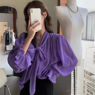 Vải Mềm Màu Tím Thoáng Khí Nơ Lớn Áo Sơ Mi Mùa Hè Rời Hàng Ngày Đi Lại Nữ Ren Voan Dài Tay Tính Khí Cao @