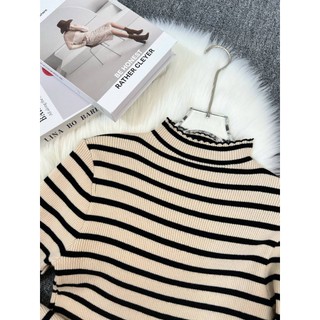 Áo mặc kẻ sọc len dệt kim dễ phối kiểu tây , tai dài cổ cao