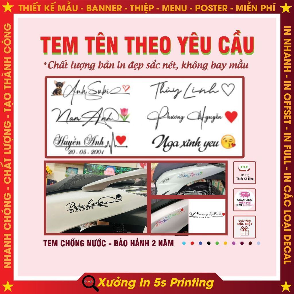 Tem tên theo yêu cầu, tem chữ ký dán xe máy, dán ô tô, mũ bảo hiểm,nhắn shop (TÊN SDT N/S) tem nổi 3D chống nước bền màu