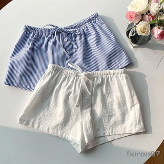 Quần short mini nữ dây rút co giãn, phù hợp mùa hè với thiết kế màu trơn và sọc in.