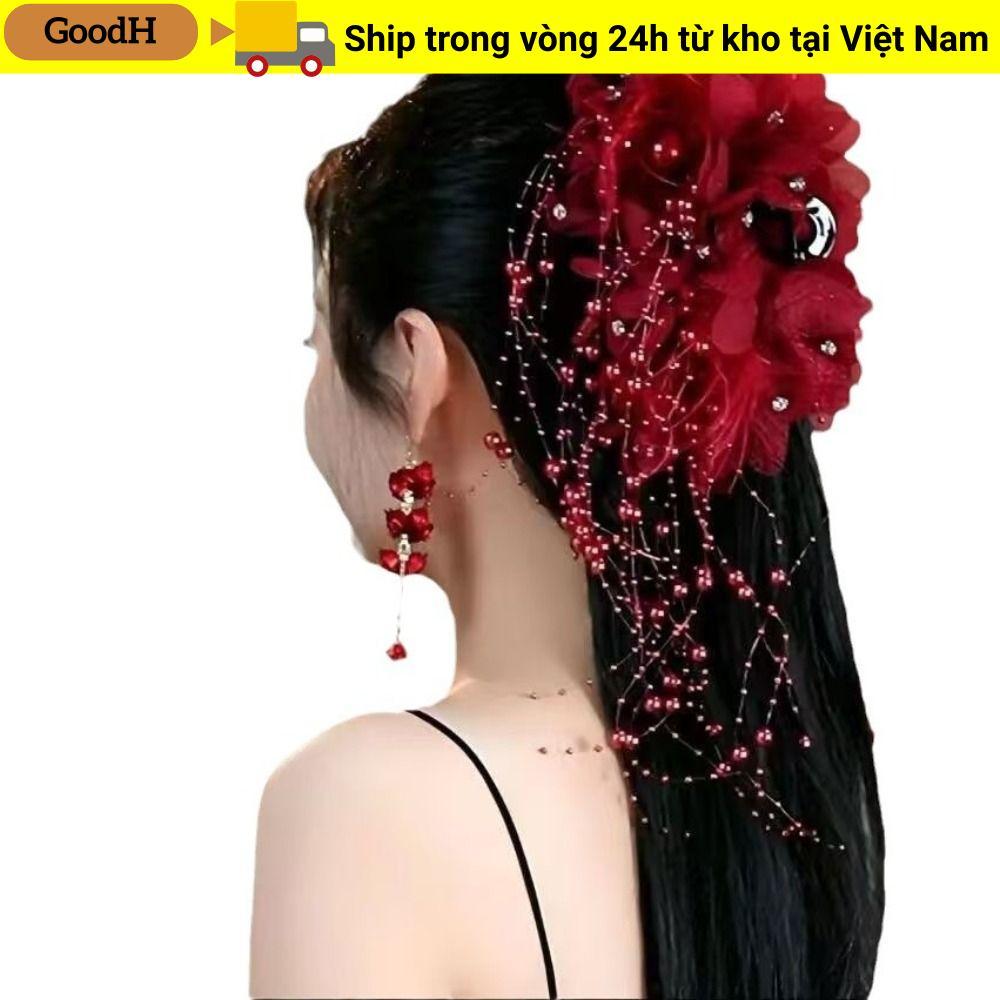 GOODH Nắm Kẹp, Vuốt Tóc Vải Bốn Hoa, Tua Rua Thời Trang Lông Hoa Ngọc Trai Phụ Kiện Tóc Cho Bé Gái
