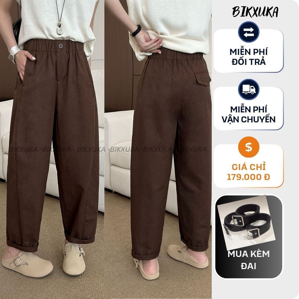 BIKXUKA - Quần baggy nữ cạp cao vải kaki nhật loại 1 co giãn nhẹ, quần baggy ống rộng form thụng dáng nấm 2 túi sườn Q17