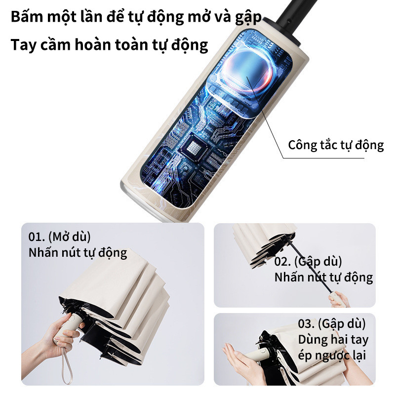 Ô Dù Tự Động 24 Nan Gấp Gọn - Bấm 2 Chiều, Size Lớn, Chống UV & Che Mưa Hiệu Quả, Đa Năng Tiện Lợi