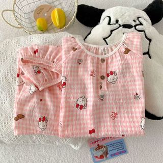 Bộ đồ ngủ cotton mây cho bé gái – Áo cổ tròn tay ngắn + quần short, họa tiết Hello Kitty dễ thương