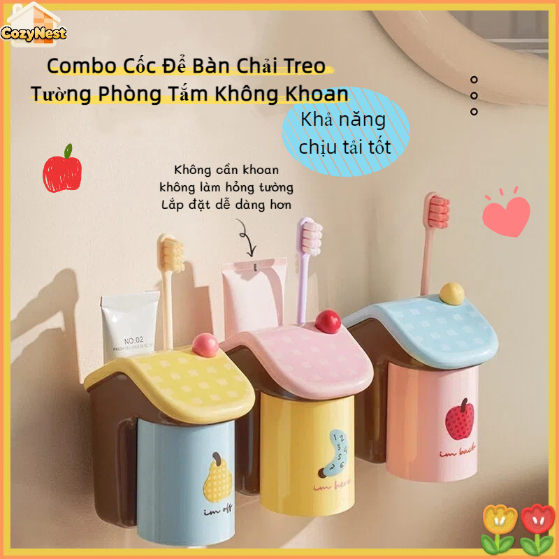 Combo Cốc Để Bàn Chải Treo Tường Phòng Tắm Không Khoan.Kiểu Dáng Ngược Độc Đáo,Không Đọng Nước