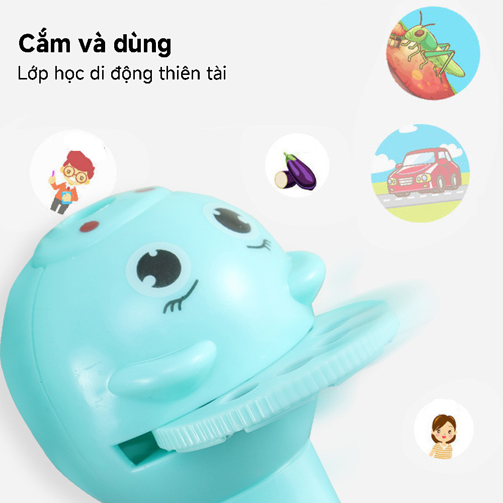 Đồ chơi đèn pin chiếu mini với 5 slide, 40 hình chiếu, chất liệu ABS, dễ sử dụng, giúp học tập sáng tạo.