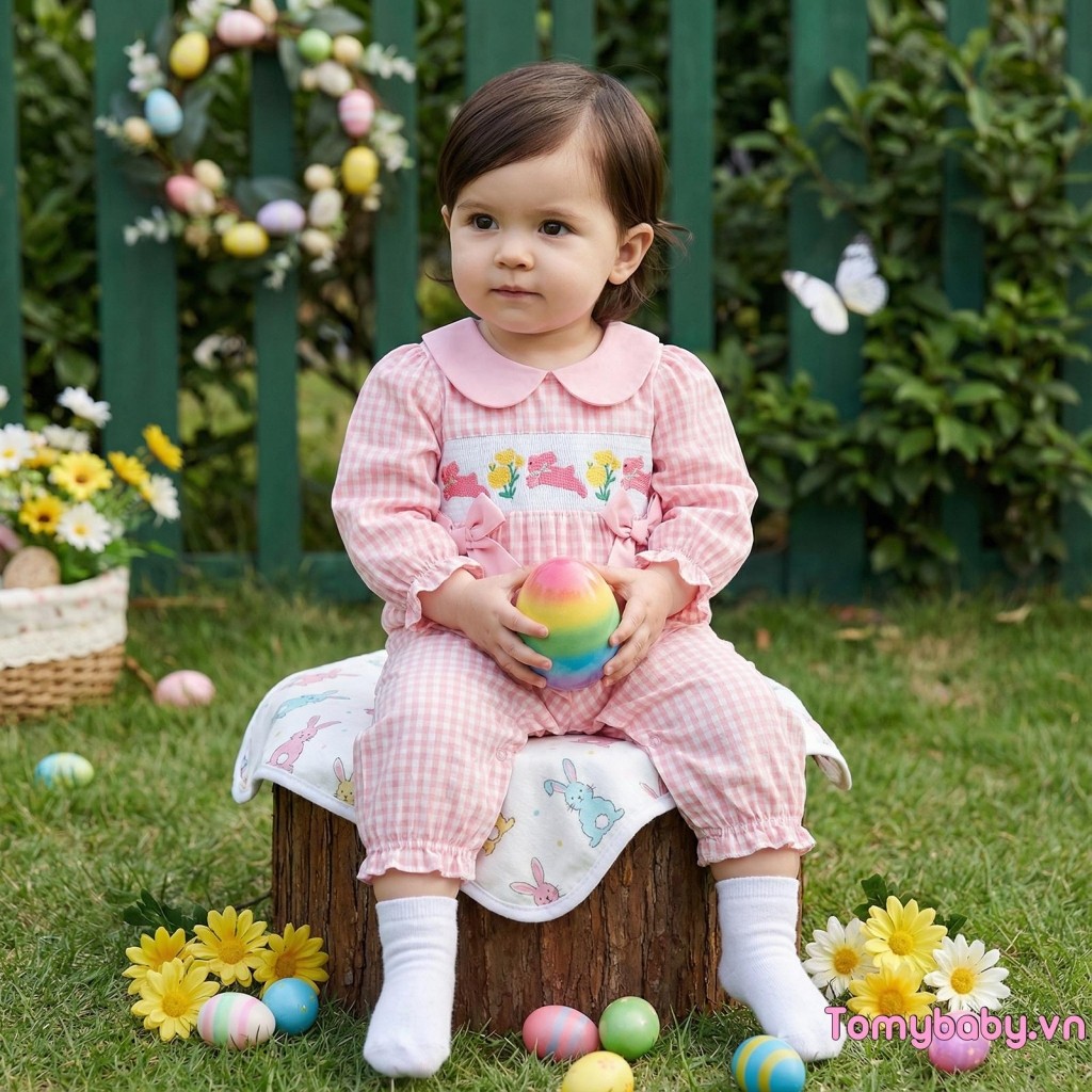 Bé Gái Phục Sinh Rompers Cổ Búp Bê Puff Dài Tay Thỏ Thêu Hoa Kẻ Sọc In Áo liền quần