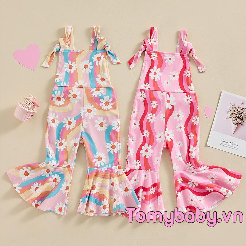 Bộ áo liền quần đáy chuông cho bé gái dễ thương in hoa cúc cổ vuông không tay buộc áo liền quần