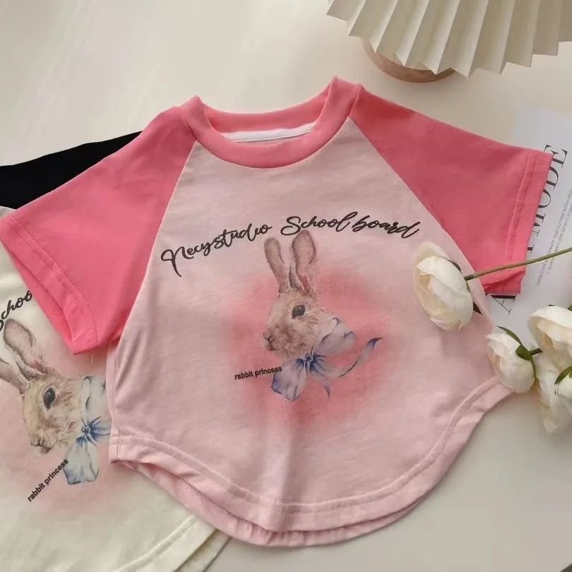 Bé Gái Raglan Áo Thun Tay Ngắn Mùa Hè Phiên Bản Hàn Quốc Hoạt Hình Thỏ Mặc Bên Ngoài Áo Sơ Mi Đế Thời Trang Phù Hợp Với 90-140 Kích Thước GVXI