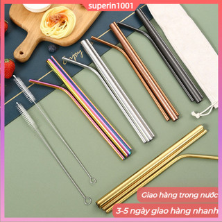 Bộ 4 ống hút bằng thép không gỉ màu mạ titan, ống hút kim loại cho trà sữa và nước ép