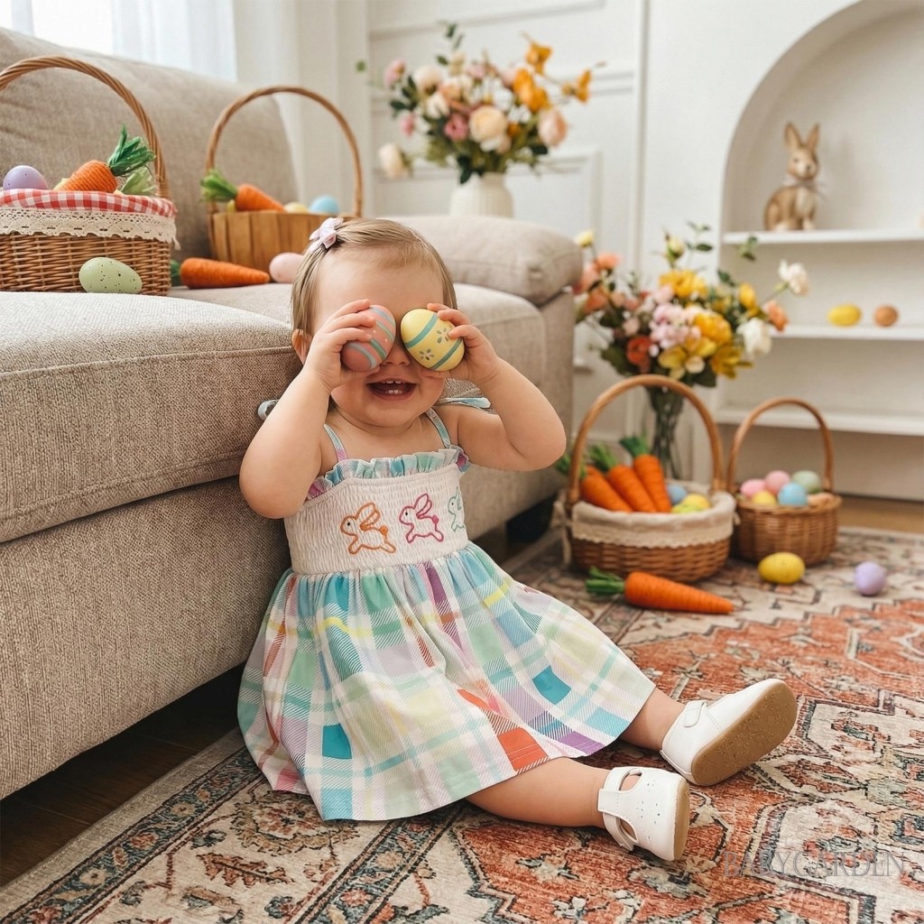 Váy kẻ sọc Phục sinh cho bé gái 6M-4Y | Váy chống nắng dây đeo Spaghetti thêu thỏ