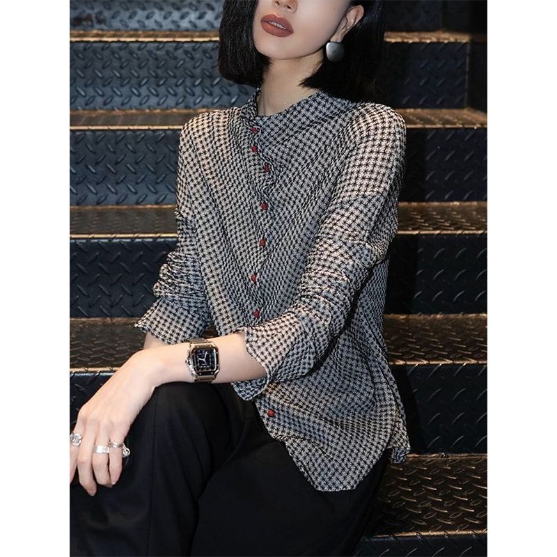 [Giảm giá 50%] Áo sơ mi houndstooth cổ đứng dành cho nữ - Tay dài, dáng ôm, phù hợp thu đông