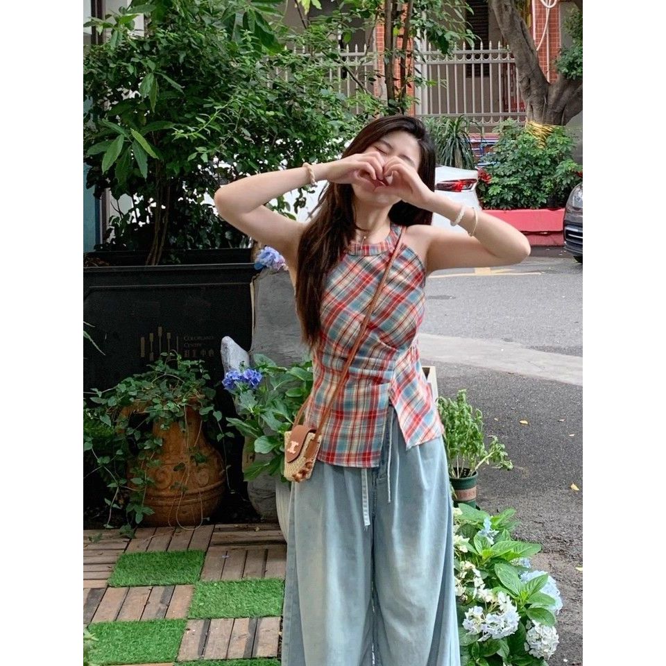 Milyfashion Y2K Top Kẻ Sọc Đỏ Cổ Dây Thắt Nút Sling Không Tay