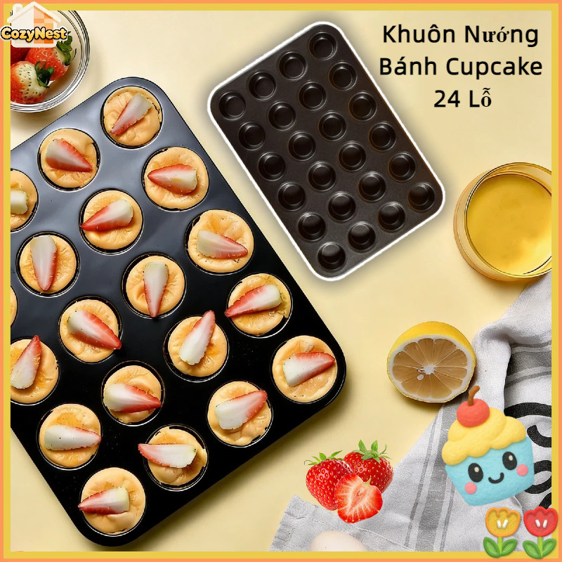Khuôn Nướng Bánh Cupcake 24 Lỗ - Thép Carbon Dày, Chống Dính Cao Cấp,  Dễ Vệ Sinh, Cho Gia Đình