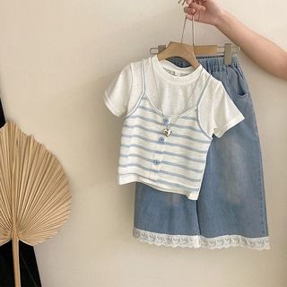 Bộ đồ bé gái áo thun sọc + quần jean ống rộng – Set đồ mùa hè phong cách Hàn Quốc cho bé