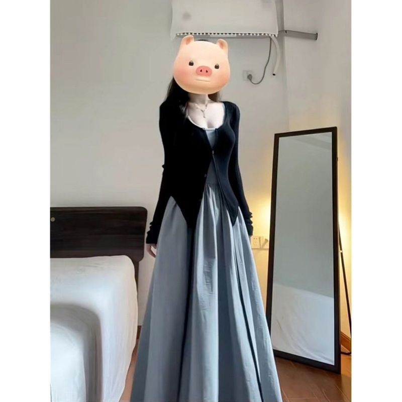 Mùa Thu Đầm Liền Cardigan Tay Dài Phong Cách Hàn Quốc Cao Cấp