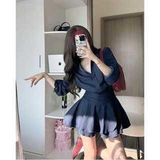 Váy Sơ Mi Bò Dài Tay Denim Xòe 2 Tầng Nhún Eo Nhẹ, Chuẩn Form Thiết Kế Dáng Ngắn Tôn Dáng