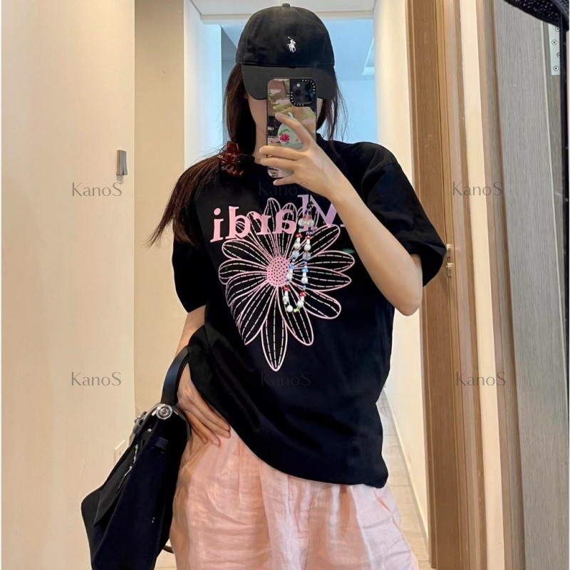 Kanos_shop | áo phông vintage, Hàn quốc dễ thương đa năng Flower print 100% cotton áo sơ mi tay ngắn