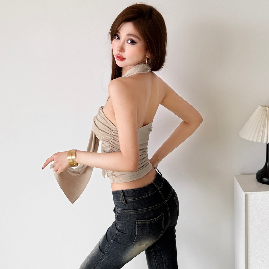 Cutenew Thời Trang Dây Ruched Slim Vest Backless Ruy Băng Thiết Kế Mỏng Ánh Sáng Nữ Mùa Hè Đi Biển Phong Cách Kỳ Nghỉ