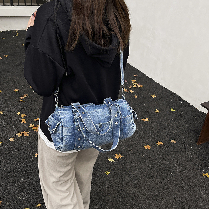 ANCO 2026 Túi xách phụ nữ Hàn Quốc Phong cách Vintage Denim Gối Túi có thể giặt nách xách tay Túi xách đơn giản Túi xách phụ nữ có thể mặc